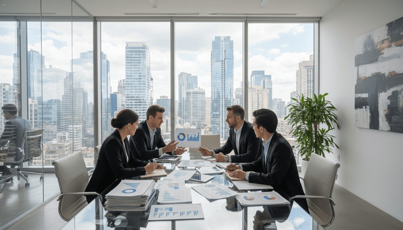 Business professionals reviewing documents in modern glass office