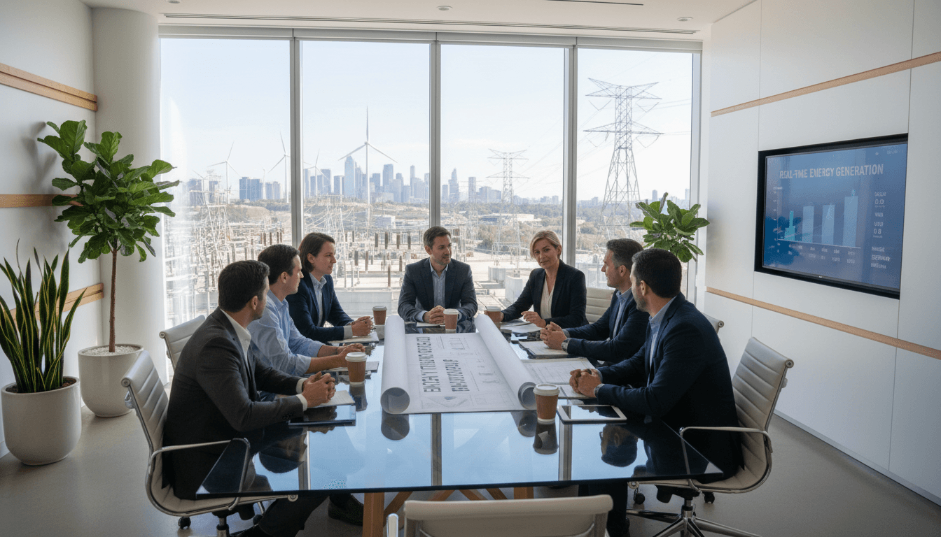 Energy capital strategist reviewing investment documents at desk