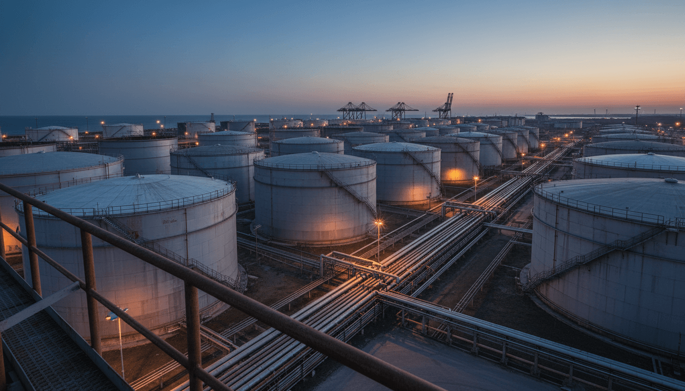 Aerial view of an oil refinery complex at sunset with storage tanks and pipelines