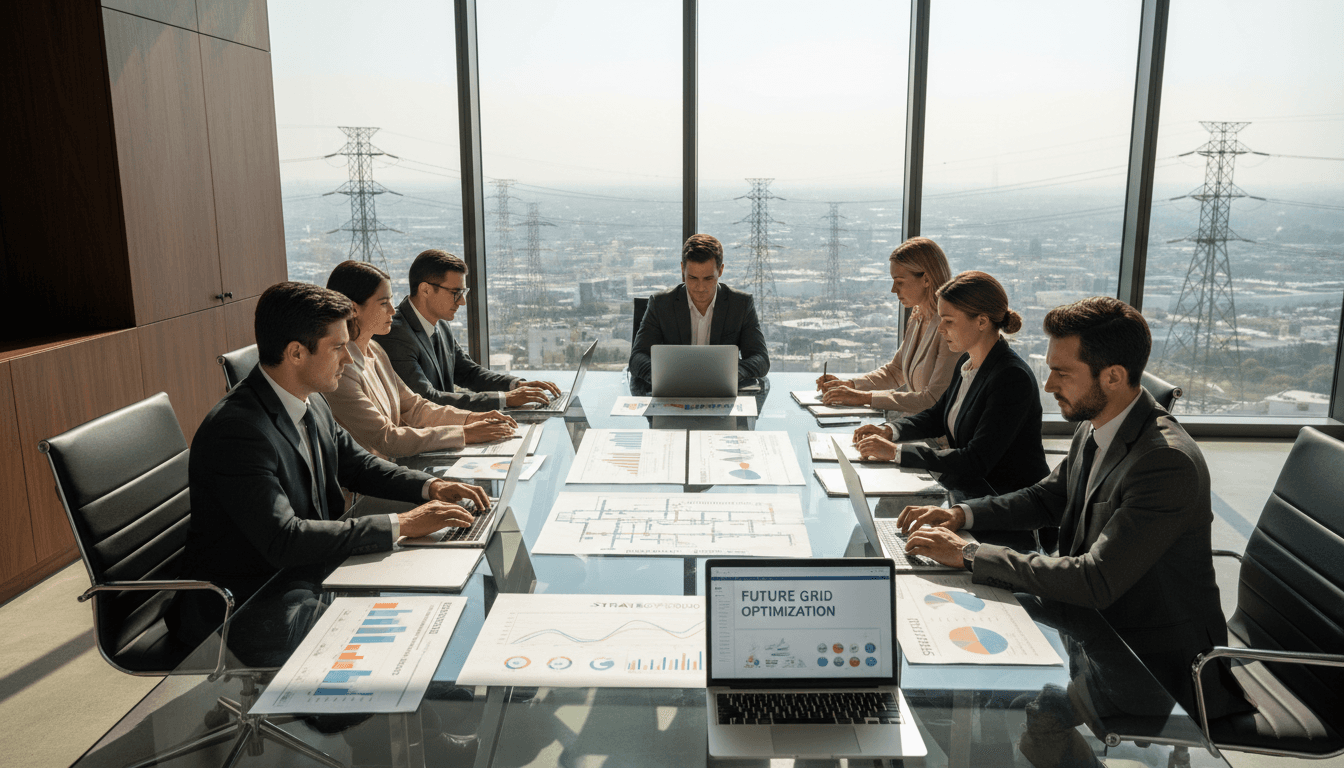 Professional business meeting in a modern office with energy sector charts on the table